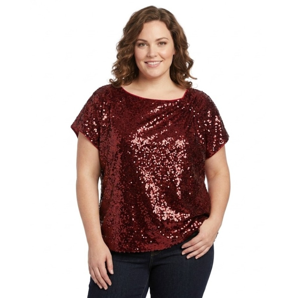 DG2 by Diane Gilman size 3X Burgundy Sequins Ruched Detail Evening Romantic Top